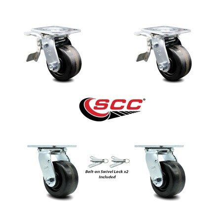 Service Caster 4 Inch Phenolic Caster Set with Ball Bearings 2 Brakes 2 Swivel Locks SCC SCC-TTL30S420-PHB-2-BSL-2